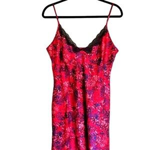 Ambrielle Pink Floral Slip Dress Black Lace Trim Size Large